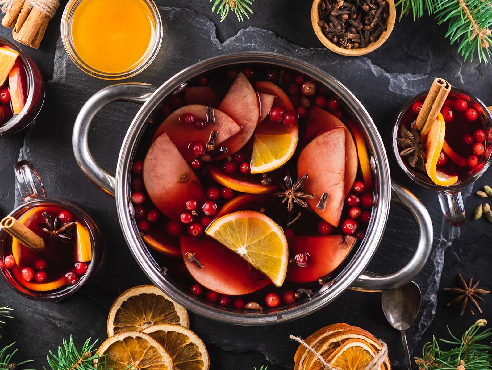 A homemade mulled wine with fruit and spices