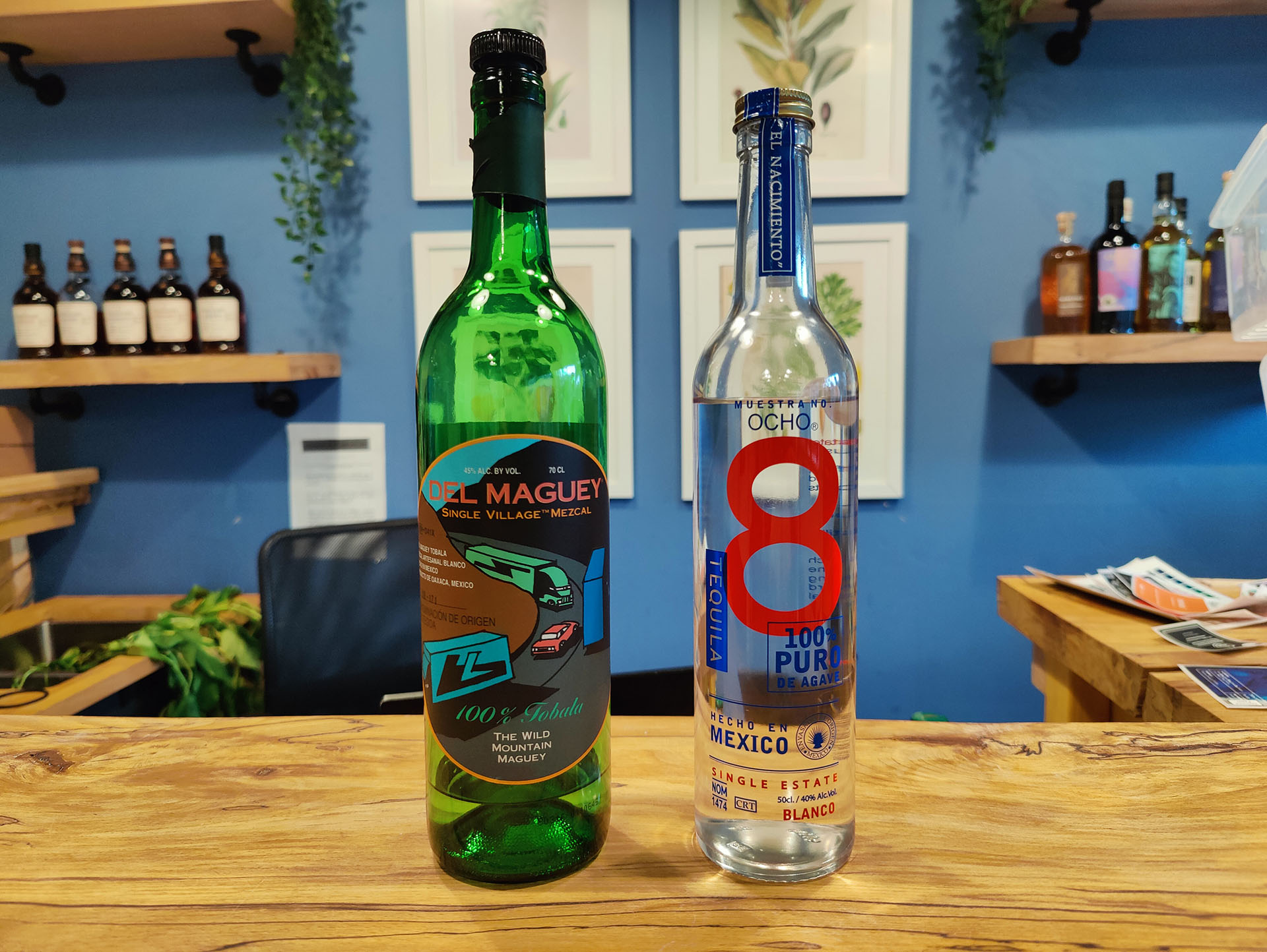 Del Maguey Mezcal and Ocho Tequila bottles on the bar at Summerhall Drinks Lab
